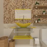 Gabinete Para Banheiro Vidro 40 Cm Cuba Oval E Espelheira Vmex Amarelo