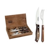 Jogo De Talheres 4pçs Churrasco Tramontina Aço Inox Cabo Castanho Polywood Estojo De Madeira Tramontina