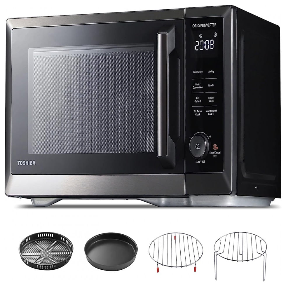 Micro Ondas De Bancada 7 Em 1 Em Aco Inoxidavel 30l Com 27 Programas E Airfryer, 110v 1000w, Toshiba, Preto