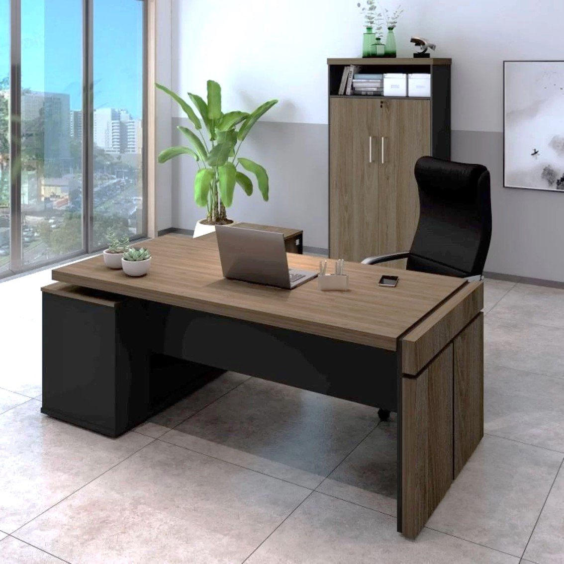 Conjunto Home Office 2 Peças 1 Mesa Em L Diretoria Tampo Tamburato Com 1 Armário Alto Artany Marrom/preto