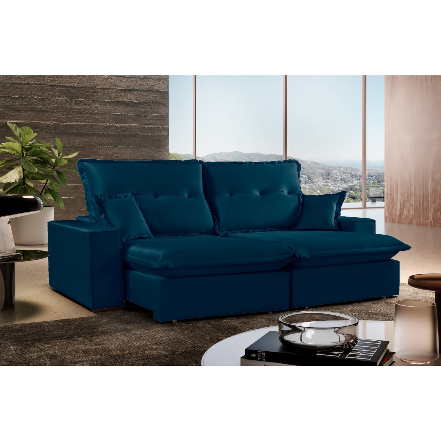 Sofa Momo Retrátil E Reclinável 4 Lugares 260 Cm Com Molas Ensacadas E Pillow Top Espresso Móveis Azul