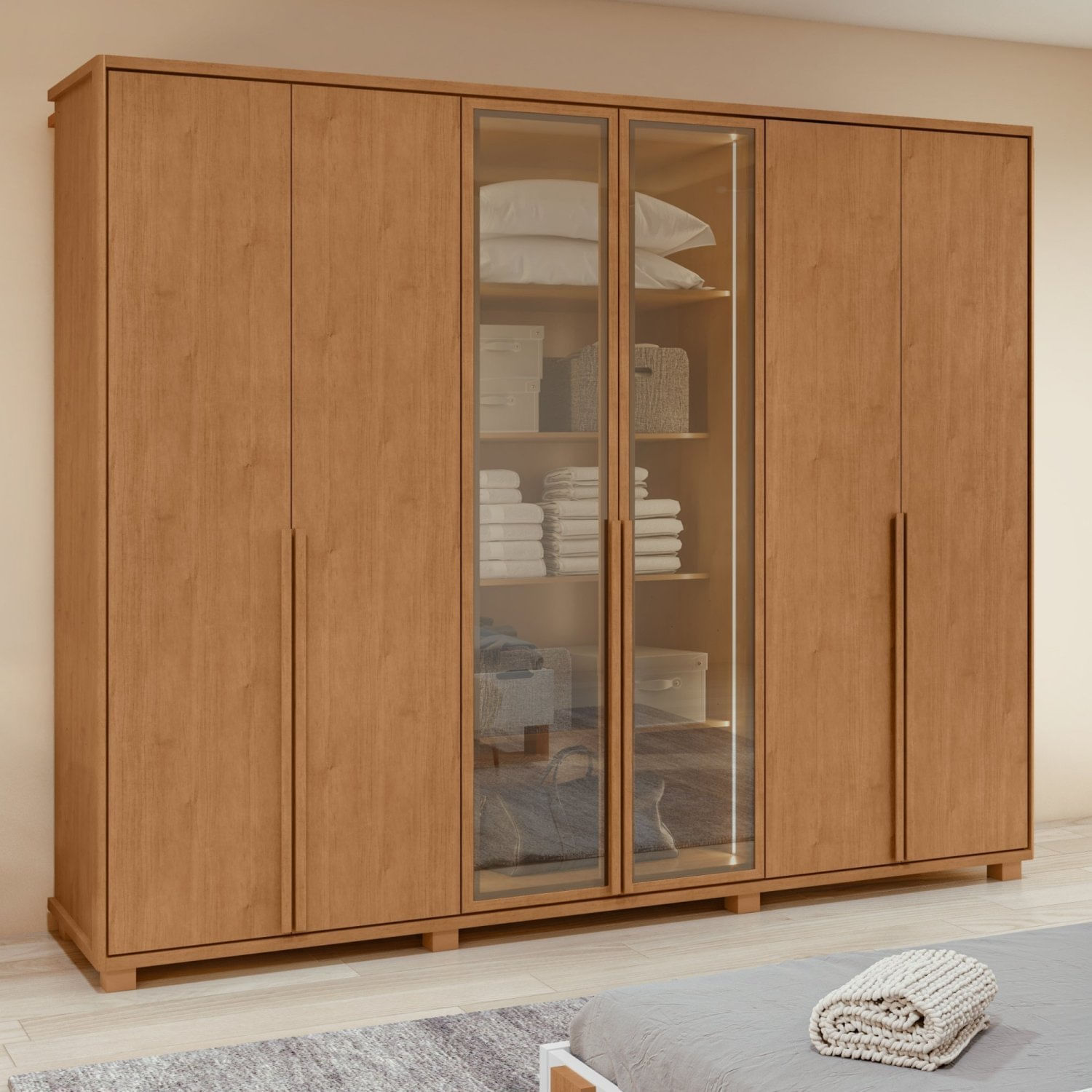 Guarda-roupa Casal Solaris 6 Portas Com Vidro E Pés 100% Mdf Amendoa Clean