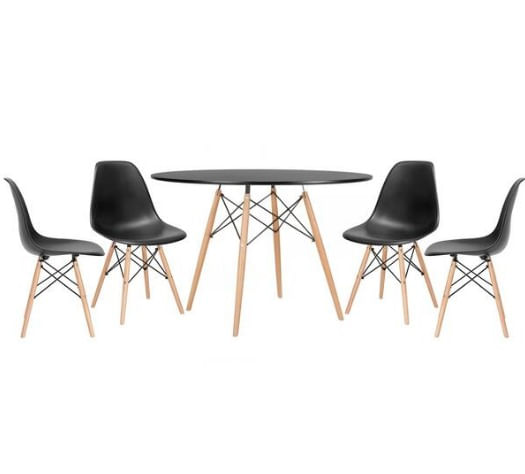 Conjunto De Mesa De Jantar Eames Eiffel Redonda 110cm Tampo De Madeira Preto Com 4 Cadeiras Pretas