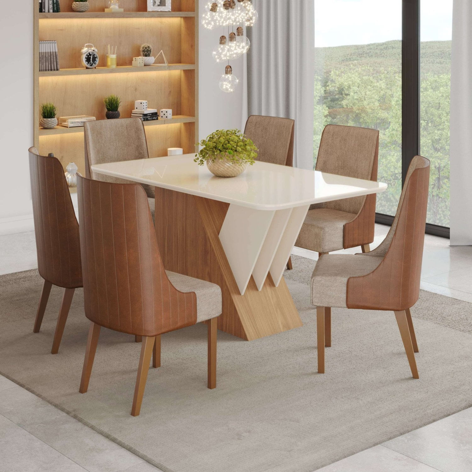 Conjunto Sala De Jantar Mesa Tampo Mdf E Vidro 6 Cadeiras Marieli Espresso Móveis Nature/off White/cacao/creme