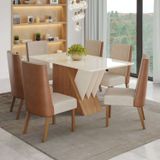 Conjunto Sala De Jantar Mesa Tampo Mdf E Vidro Canto Reto 6 Cadeiras Tainá Espresso Móveis Nature/off White/ Caramelo