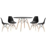 Conjunto De Mesa De Jantar Eames Eiffel Redonda 120cm Tampo De Madeira Preto Com 4 Cadeiras Pretas