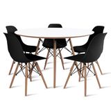 Conjunto De Mesa De Jantar Eames Eiffel Redonda 110cm Tampo De Madeira Branco Com 5 Cadeiras Pretas
