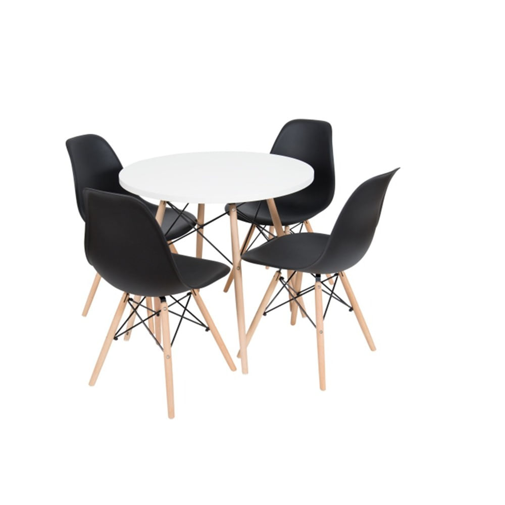 Conjunto De Mesa De Jantar Eames Eiffel Redonda 110cm Tampo De Madeira Branco Com 4 Cadeiras Pretas