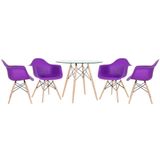 Mesa Redonda Tampo De Vidro 90 Cm + 4 Cadeiras Roxo