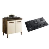 Kit Balcão Cooktop 5 Bocas Preto Ultra Chama Bivolt Balcão 2 Portas Ypê/off White Prateleira