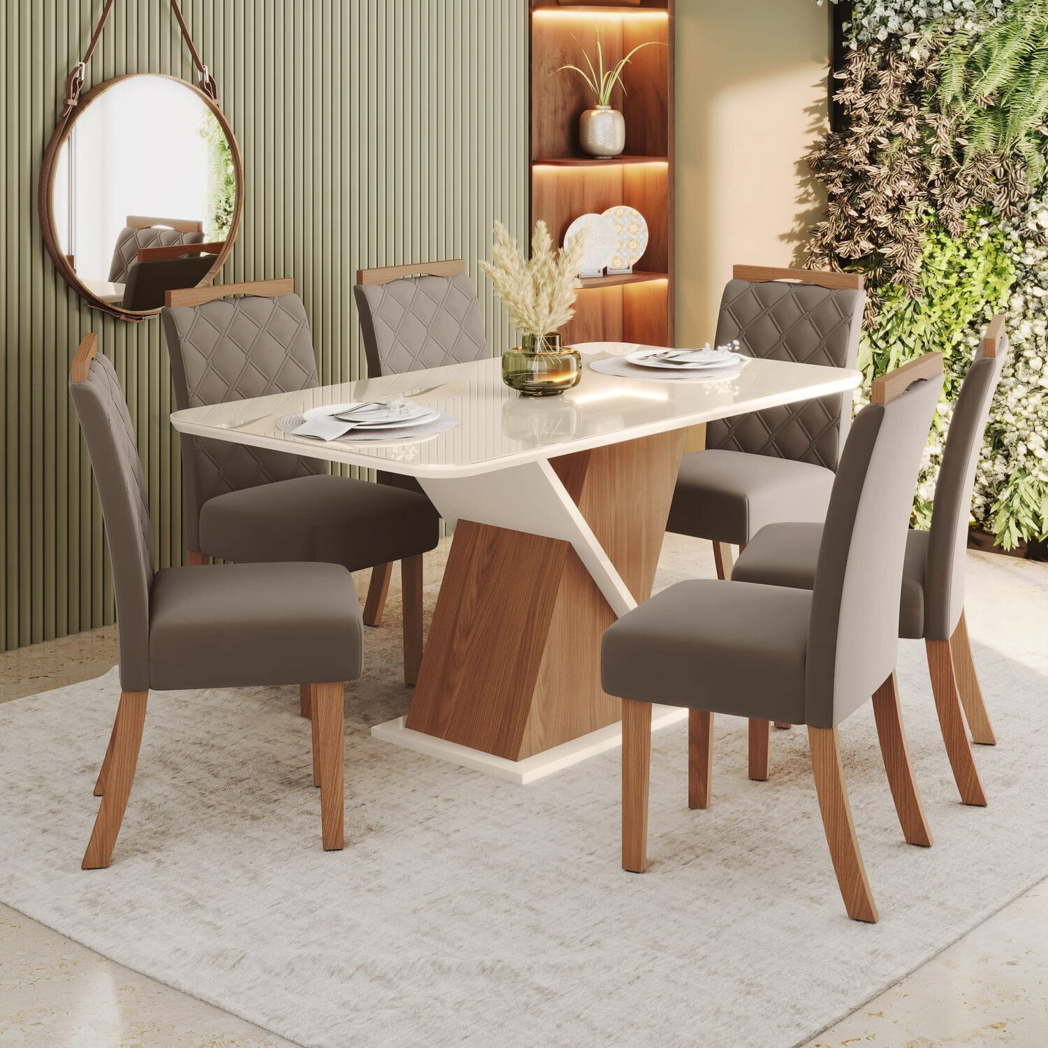 Sala De Jantar Mesa 160 Com Canto Arredondado Com Vidro 6 Cadeiras Carla Espresso Móveis Nature/off White/marrom Amêndoa