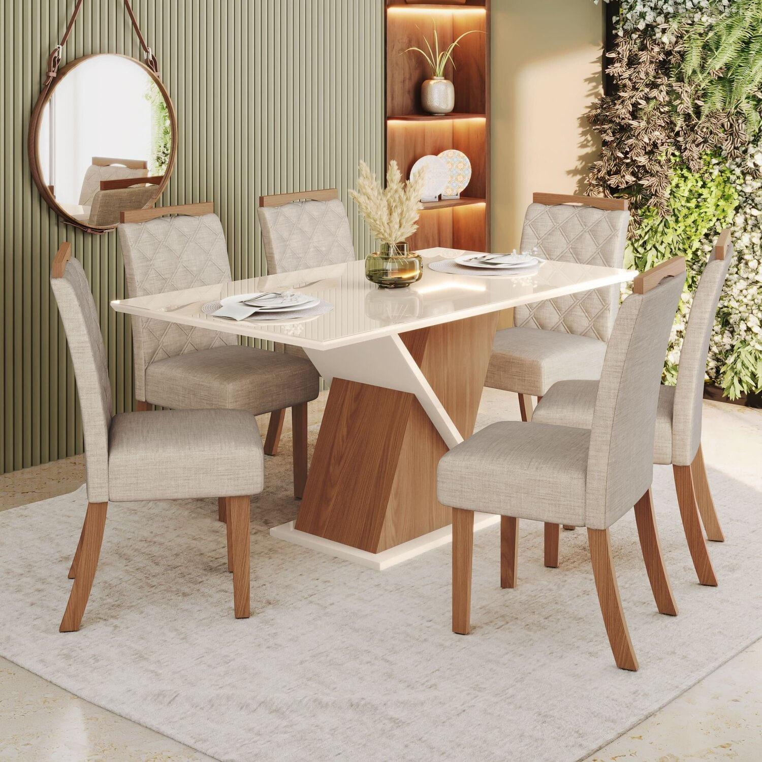 Sala De Jantar Carla Mesa 160 Cm Canto Reto Com Vidro 6 Cadeiras Espresso Móveis Nature/off White