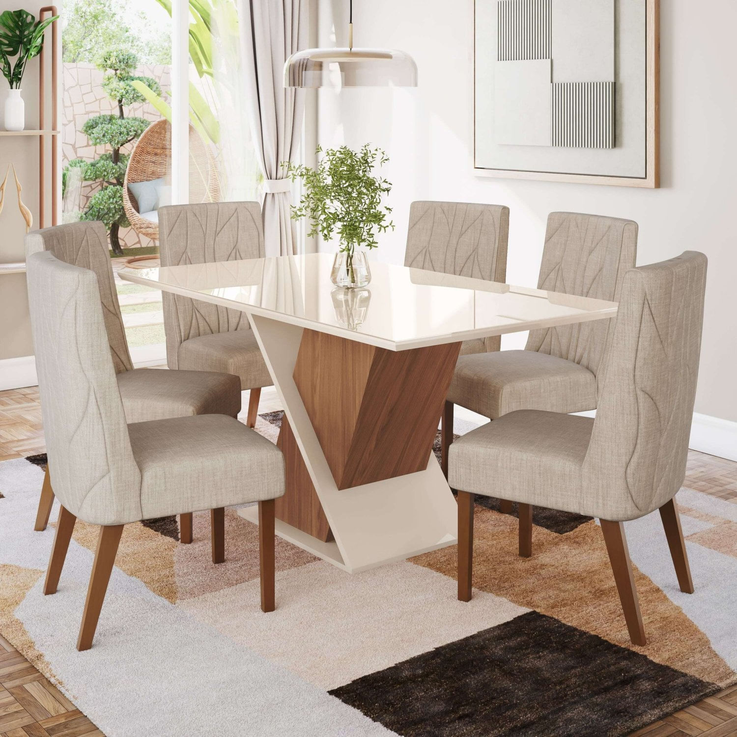 Conjunto Sala Jantar Letícia Mesa 160 Cm Canto Reto Com Vidro 6 Cadeiras Espresso Móveis Nature/ Off White