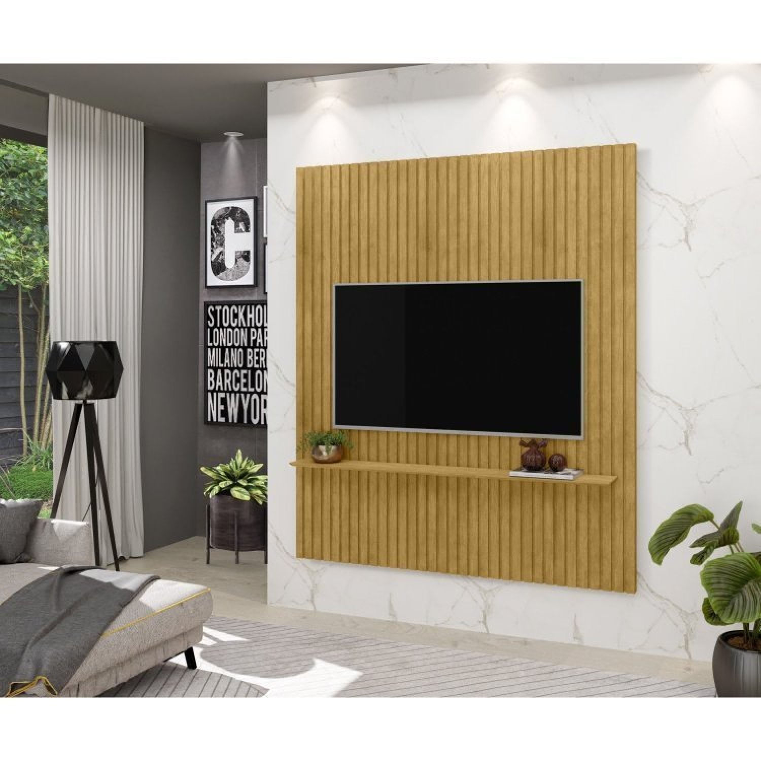 Painel Ripado Absolut E Rack Suspenso Denver Para Tv De Até 72 Polegadas Nature/off White