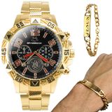 Relogio Masculino Aço Inoxidavel Dourado Pulseira Jesus Religioso Qualidade Premium Pesado
