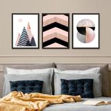Kit 3 Quadros Geométricos Quarto Rosa E Preto 33x24cm
