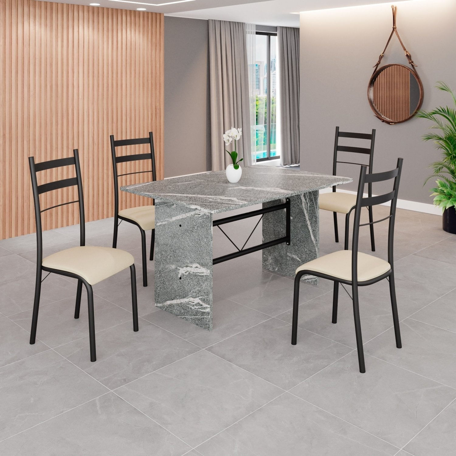 Conjunto Sala De Jantar Mesa Retangular 120x75cm Tampo Granito Topázio 4 Cadeiras Marselha Creme / Preto Fosco