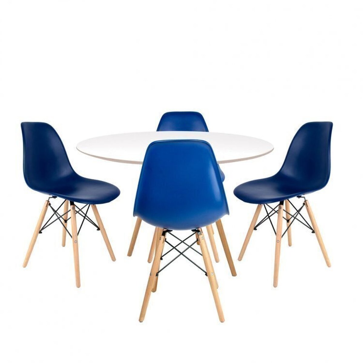 Conjunto Mesa Redonda 90cm Tampo Em Mdf 4 Cadeiras Pp Base Madeira Eames Dsw-m Brancoazul Bic