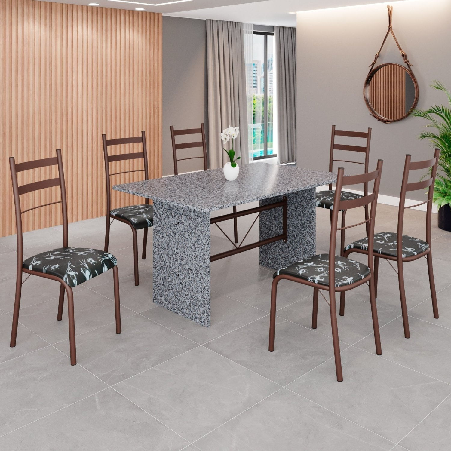 Conjunto Sala De Jantar Mesa Retangular 140x75cm Tampo Granito Ocre 6 Cadeiras Marselha Preto Floral / Marrom