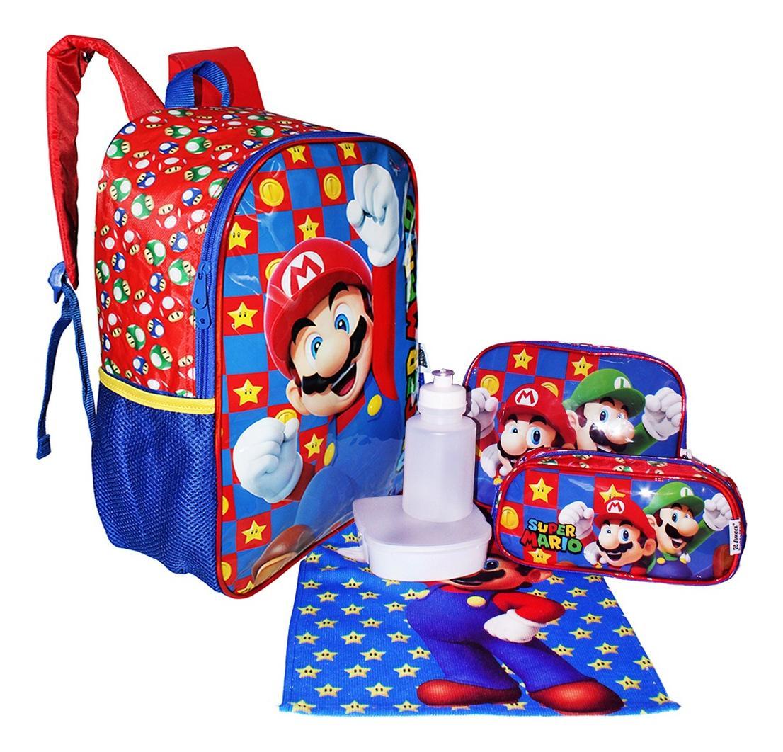 Kit Mochila Super Mario Bros Costas Escolar Meninos