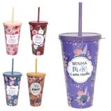 Copo Com Tampa E Canudo De Plastico Frases Mae 600ml