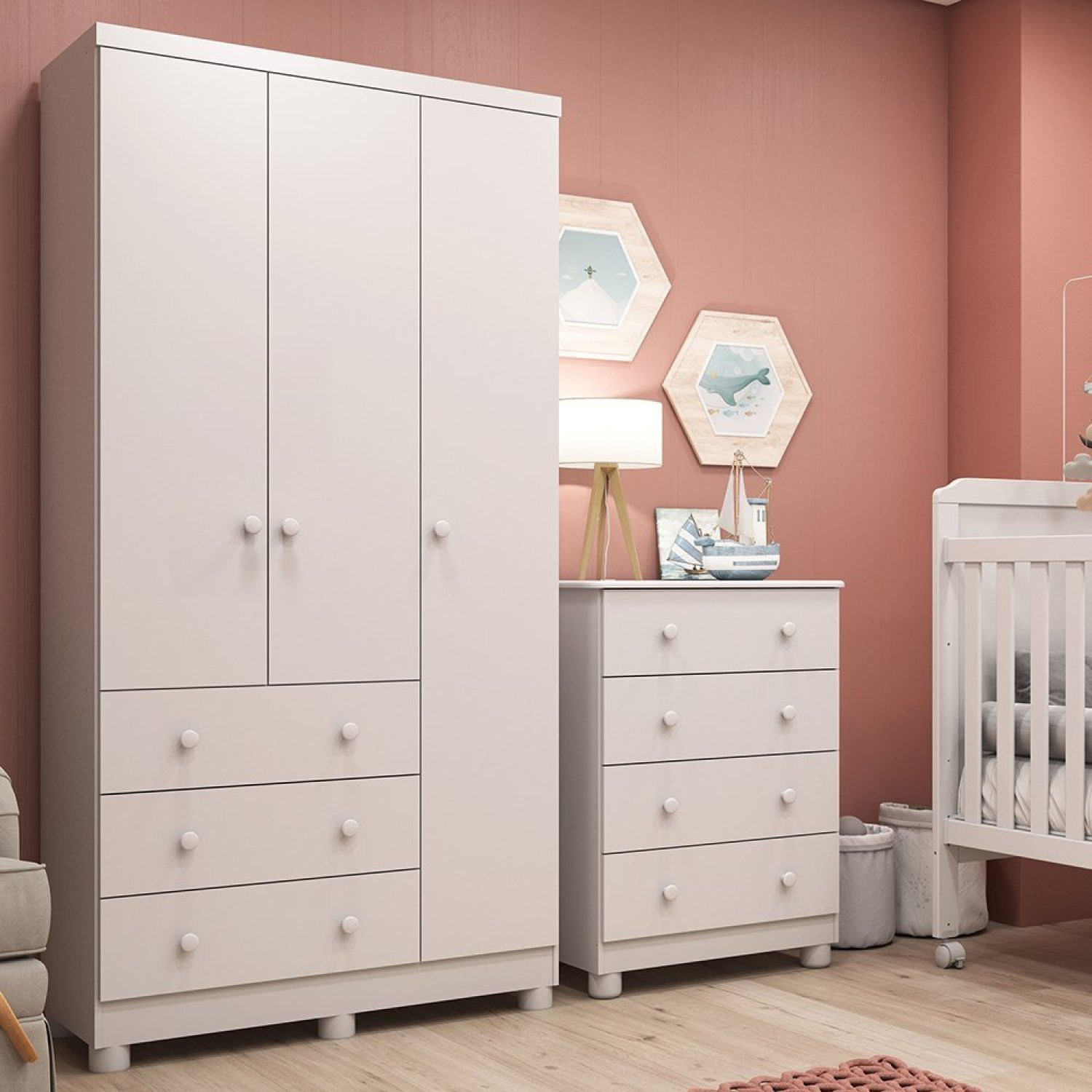 Quarto Infantil Guarda Roupas 3 Portas Cômoda 4 Gavetas Mimo 100% Mdf Espresso Móveis Branco Brilho