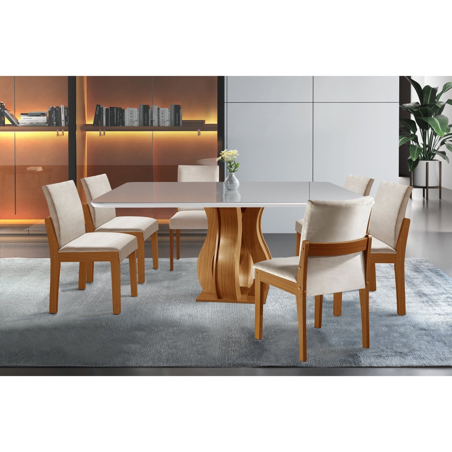 Conjunto Sala De Jantar Mesa Nuance 135cm Quadrada Tampo Vidro/mdp Com 6 Cadeiras Mônaco Yescasa Castanho Cinamomo/creme/off White