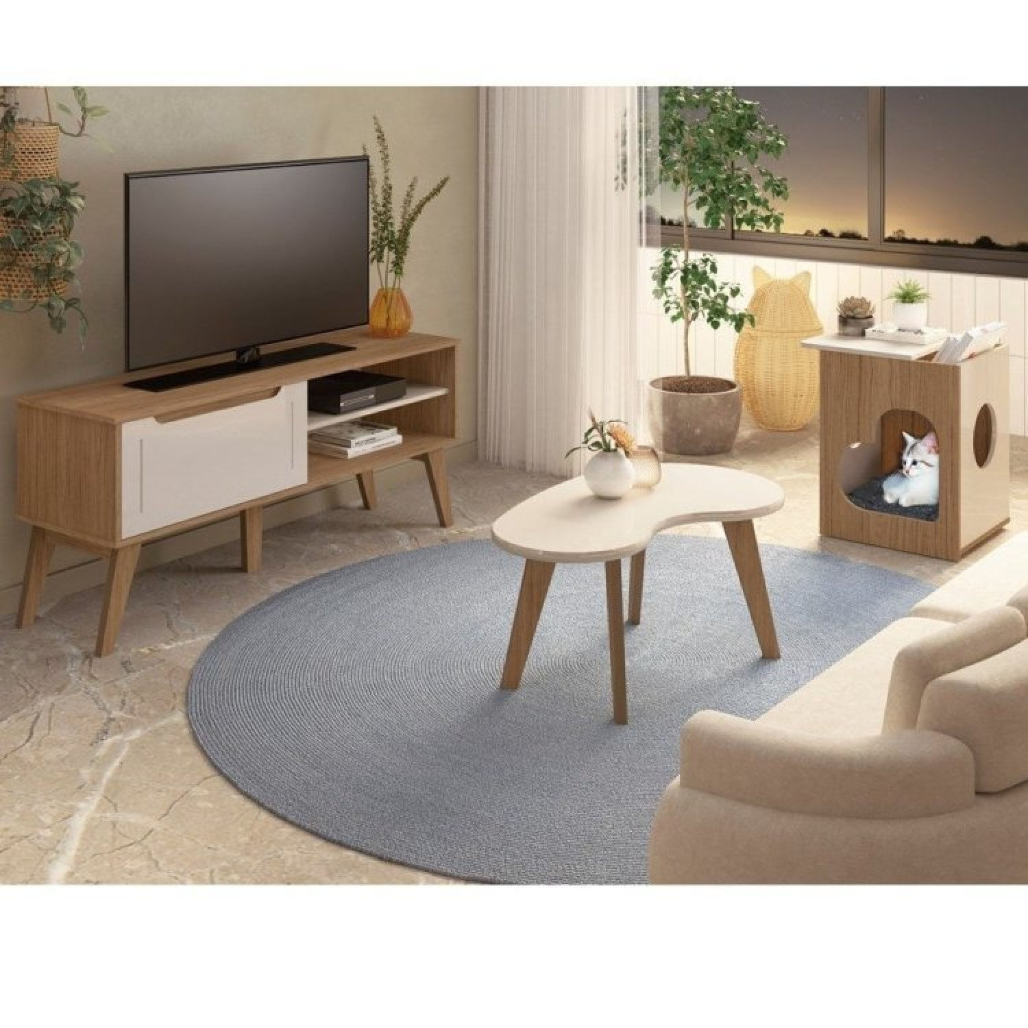 Conjunto Sala De Estar Rack Para Tv Até 47 Pol Lotus Com Mesa De Centro E Mesa De Apoio Para Pet Carvalho/off White