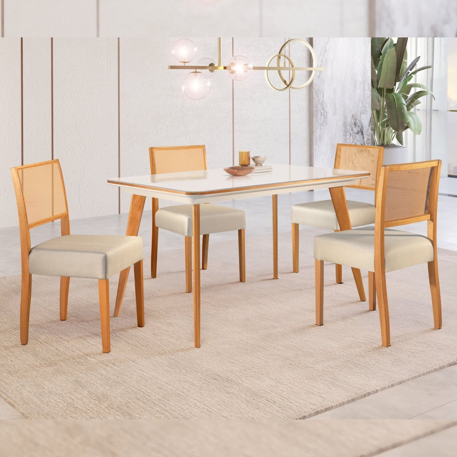 Conjunto Sala De Jantar Mesa Mad 135cm Com 4 Cadeiras Versales estrutura Em Madeira Maciça E Tampo Mdf/vidro Cinamomo/off White/tela