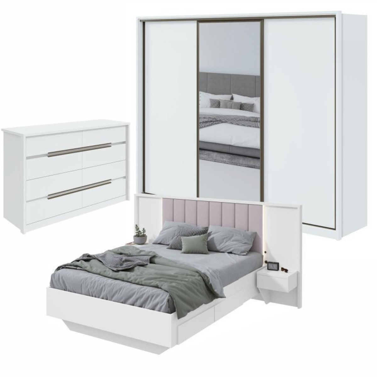 Quarto Com Guarda-roupa Com Espelho 3 Portas 6 Gavetas, Cômoda Urban 8 Gavetas E Cama Solaris Branco