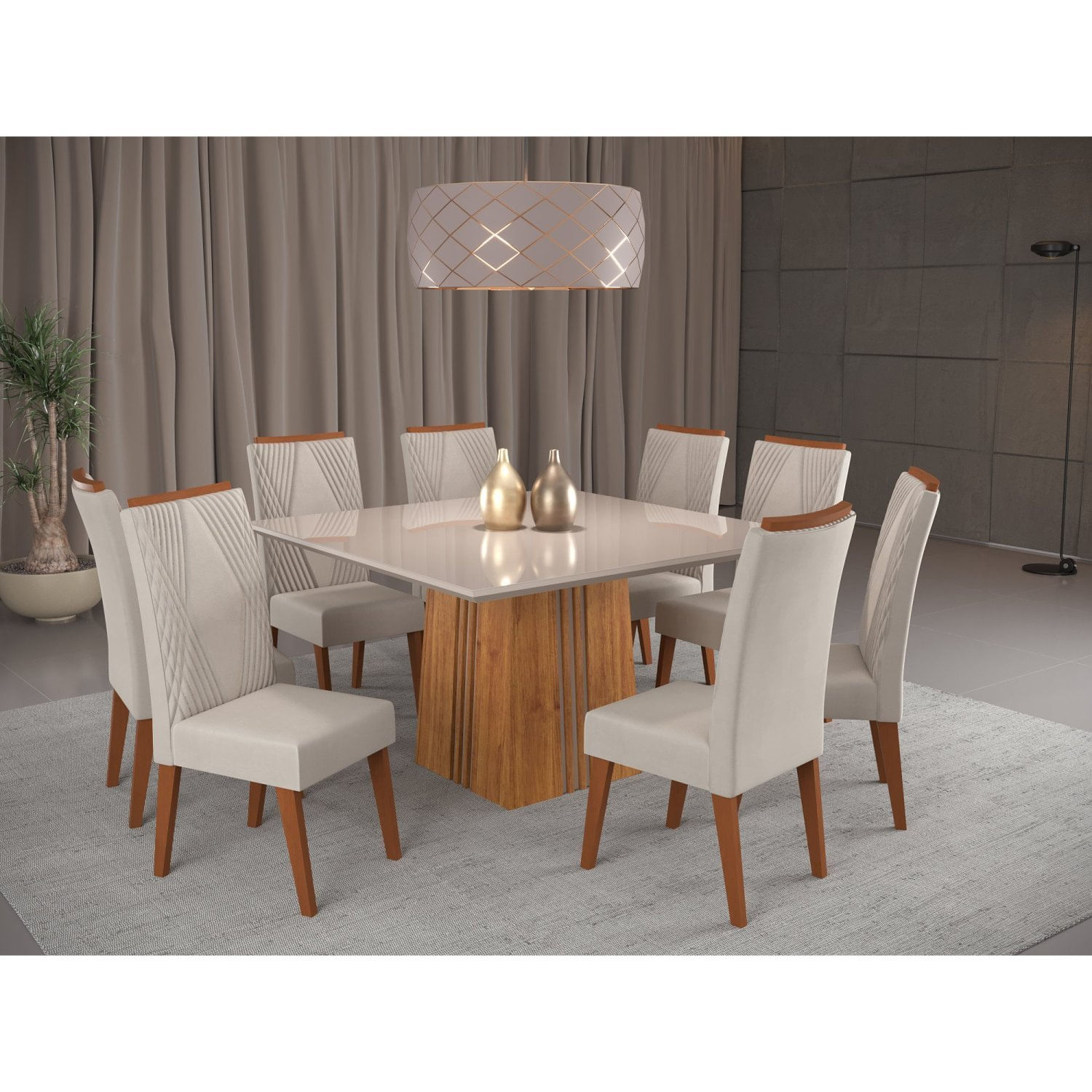 Mesa De Jantar Quadrada Monza Com 8 Cadeiras Madeira Maciça Vegas Mel/marfim/off White