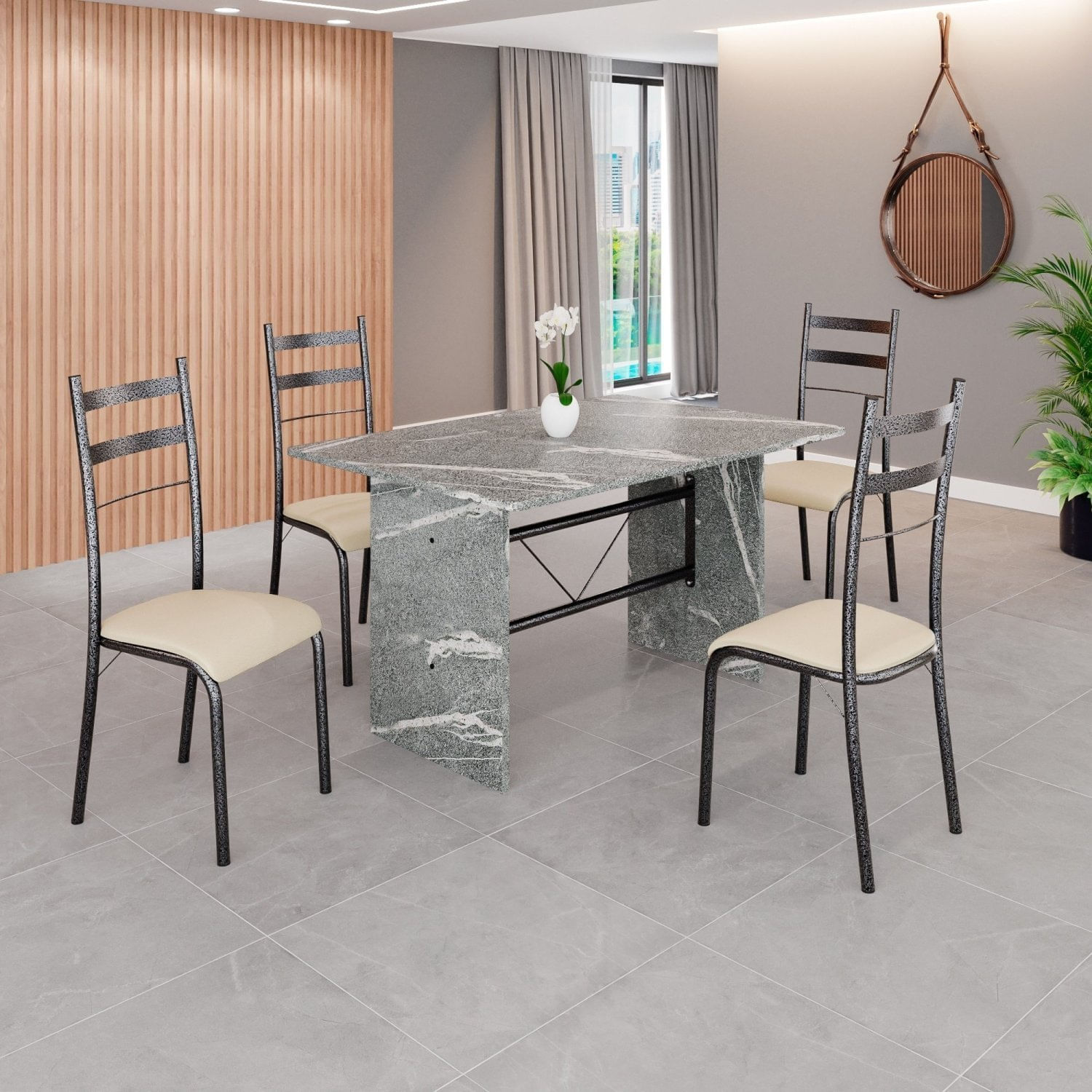 Conjunto Sala De Jantar Mesa Retangular 120x75cm Tampo Granito Topázio 4 Cadeiras Marselha Creme / Mart Prata