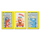 Kit Quadros Infantil Dinossauro Kids 20x30 3 Peças Titulos Moldura Amarela