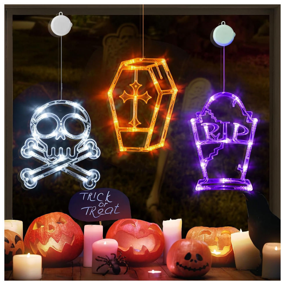 Kit Decoração Interna Para Halloween Led 3 Peças Inclui Caveira, Caixão E Lápide, Lolstar