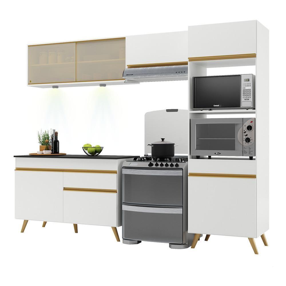 Armário De Cozinha Compacta 252cm Com Leds Veneza Up Multimóveis V2017 Branco/dourado Branco/dourado