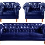 Conjunto Sofá Chesterfield 3 Lugares + 2 Poltronas Dom Pedro Azul