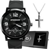 Relogio Masculino Preto Aço Inox + Cordao Prata Silicone Social Relogio Casual Presente