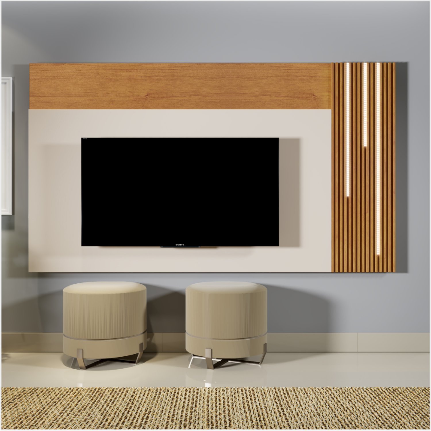 Painel Valencia Com Led Cascata Para Tv De Ate 75 Polegadas  Naturalle/off White