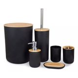 Kit Banheiro Bambu Lixeira Saboneteira 6 Peça Preto Plasvale