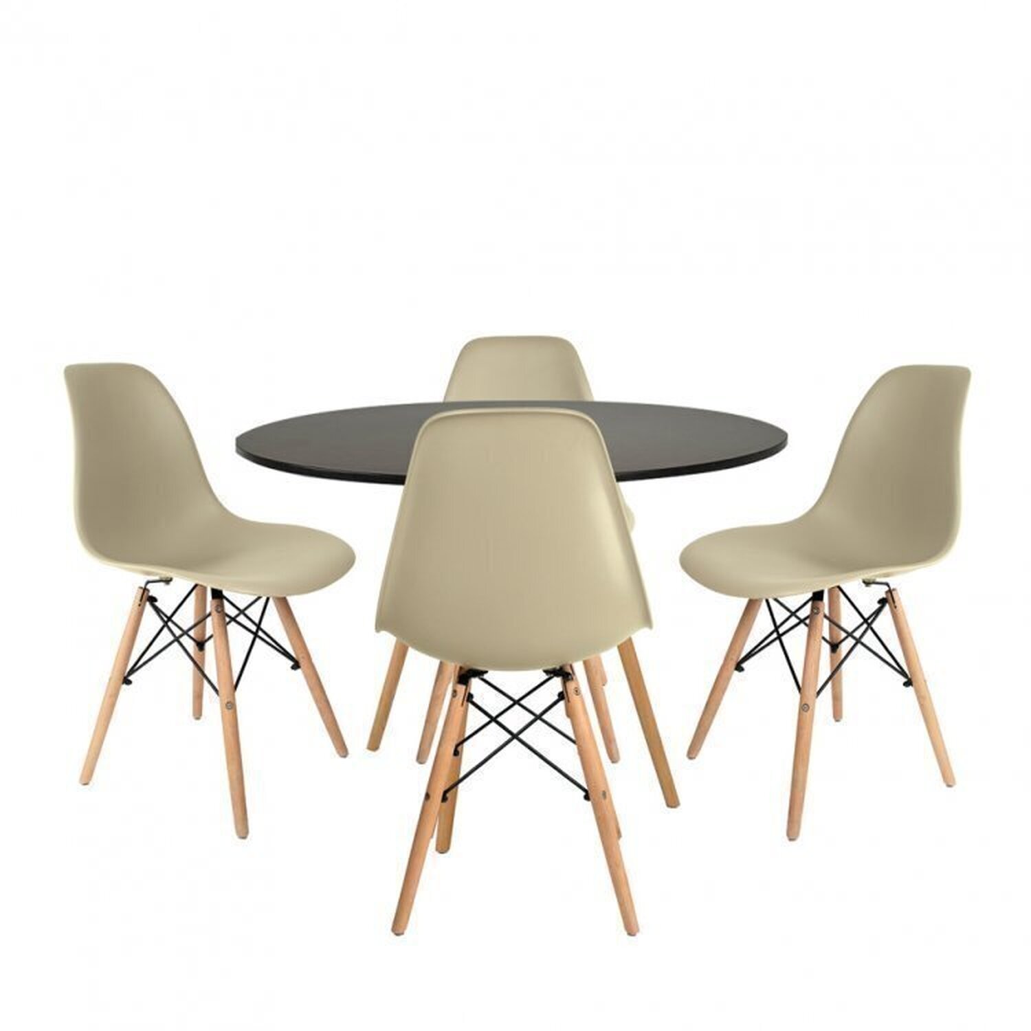 Conjunto Mesa Redonda 90cm Tampo Em Mdf 4 Cadeiras Pp Base Madeira Eames Dsw-m Preto/fendi