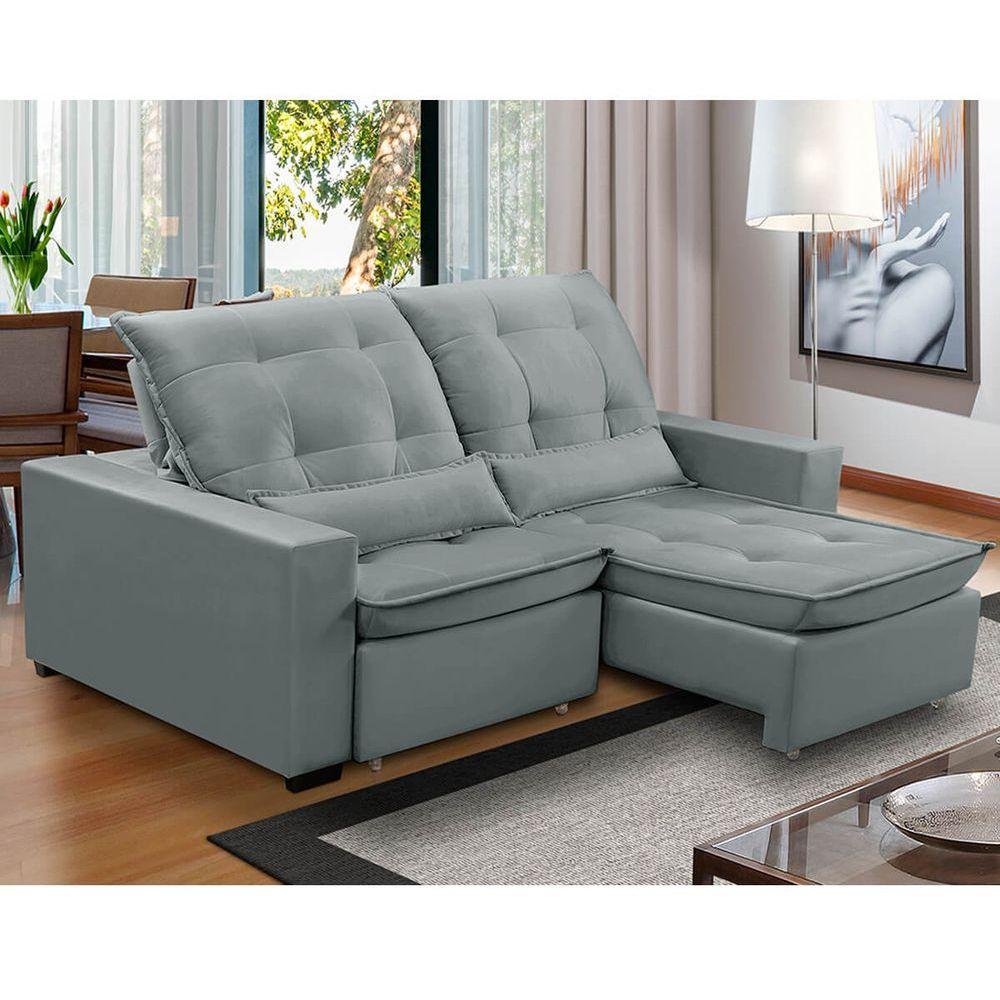 Sofa Retratil Reclinavel 2 Lugares 1,90m Atlantis Veludo Cinza Claro Lansofbr