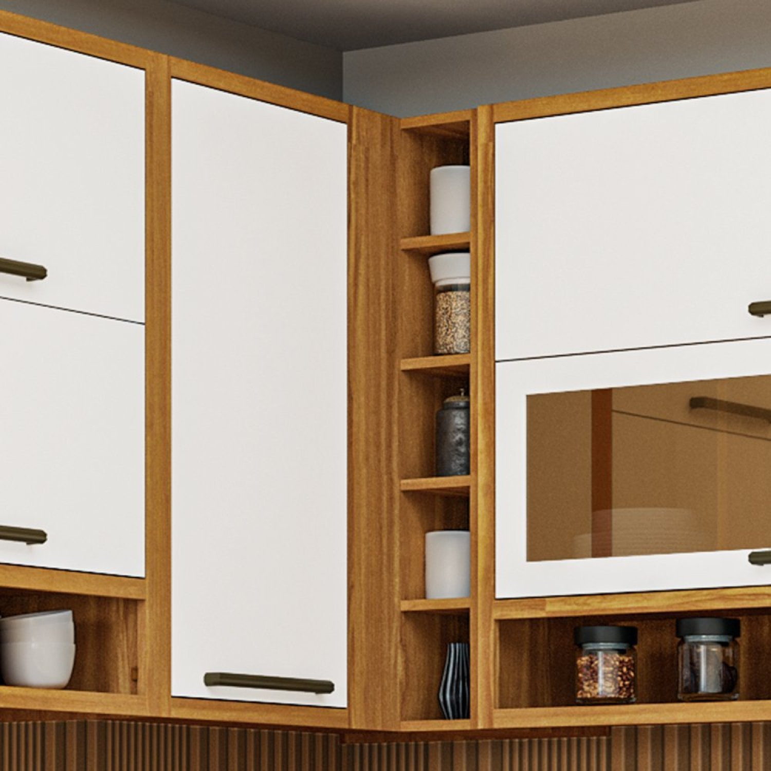 Armário Aéreo De Cozinha Canto Reto Com 1 Porta E Mini Adega 100% Mdf Vicenza espresso Móveis Amêndoa/branco