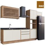 Cozinha Completa 100% Mdf Modular Édez Uno, 9 Portas, 3 Gavetas E Tampo, Off White E Louro Freijo