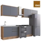 Cozinha Completa 100% Mdf Modular Édez Uno, 8 Portas, 3 Gavetas E Tampo, Grafite E Louro Freijo
