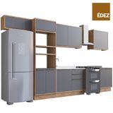Cozinha Completa 100% Mdf Modular Édez Uno, 11 Portas, 3 Gavetas E Tampo, Grafite E Louro Freijo