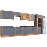 Cozinha Completa 100% Mdf Modular Édez Uno, 15 Portas, 6 Gavetas E Tampo, Grafite E Louro Freijo