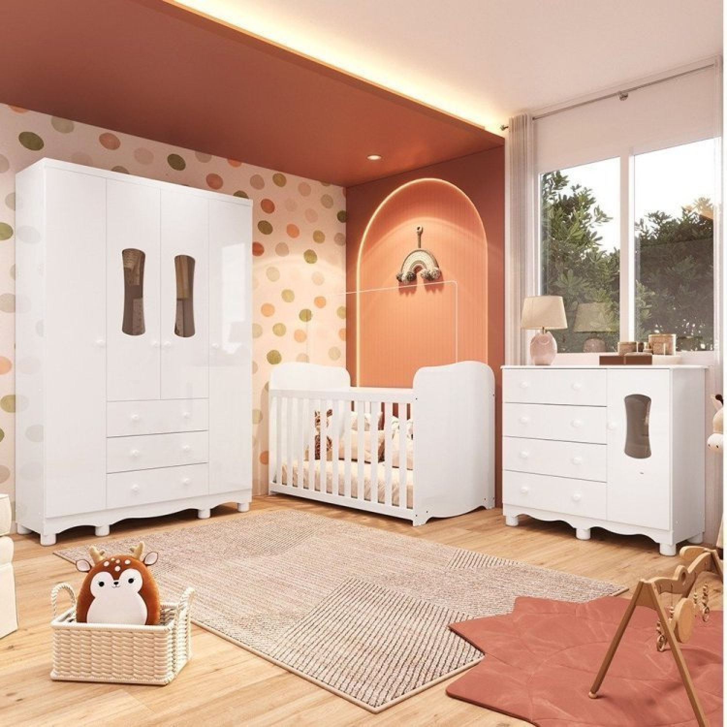 Quarto De Bebê Guarda Roupa 4 Portas 3 Gavetas, Cômoda 1 Porta E Berço 100% Mdf Lana Espresso Móveis Branco Brilho