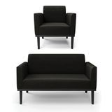 Sofá Namoradeira Com Poltrona Base De Madeira Fixa Preto Marisa Suede Preto D03 - D&#39;rossi
