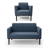 Sofá Namoradeira Com Poltrona Base De Madeira Fixa Preto Marisa Suede D03 - D&#39;rossi Azul Marinho