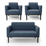 Sofá Namoradeira Com 2 Poltronas Base De Madeira Fixa Preto Marisa Suede Azul Marinho D03 - D&#39;rossi